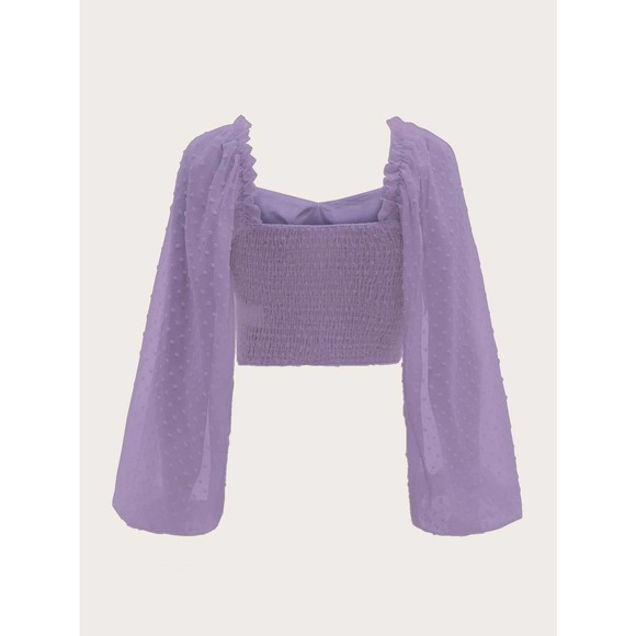 Long sleeve sweetheart neckline Swiss Dot Crop Milkmaid Blouse boho purple - Picture 3 of 3